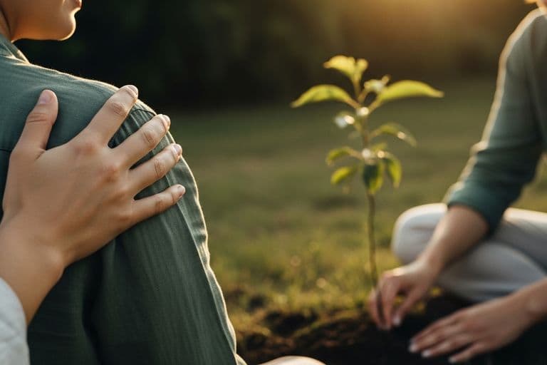 A peaceful garden bench surrounded by soft morning light and green foliage