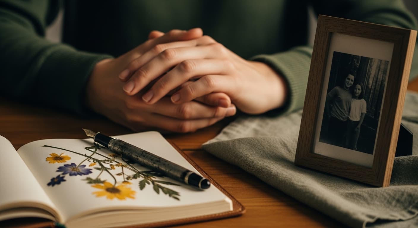 A serene, misty forest path with soft, diffused sunlight filtering through the trees, evoking peace and remembrance.
