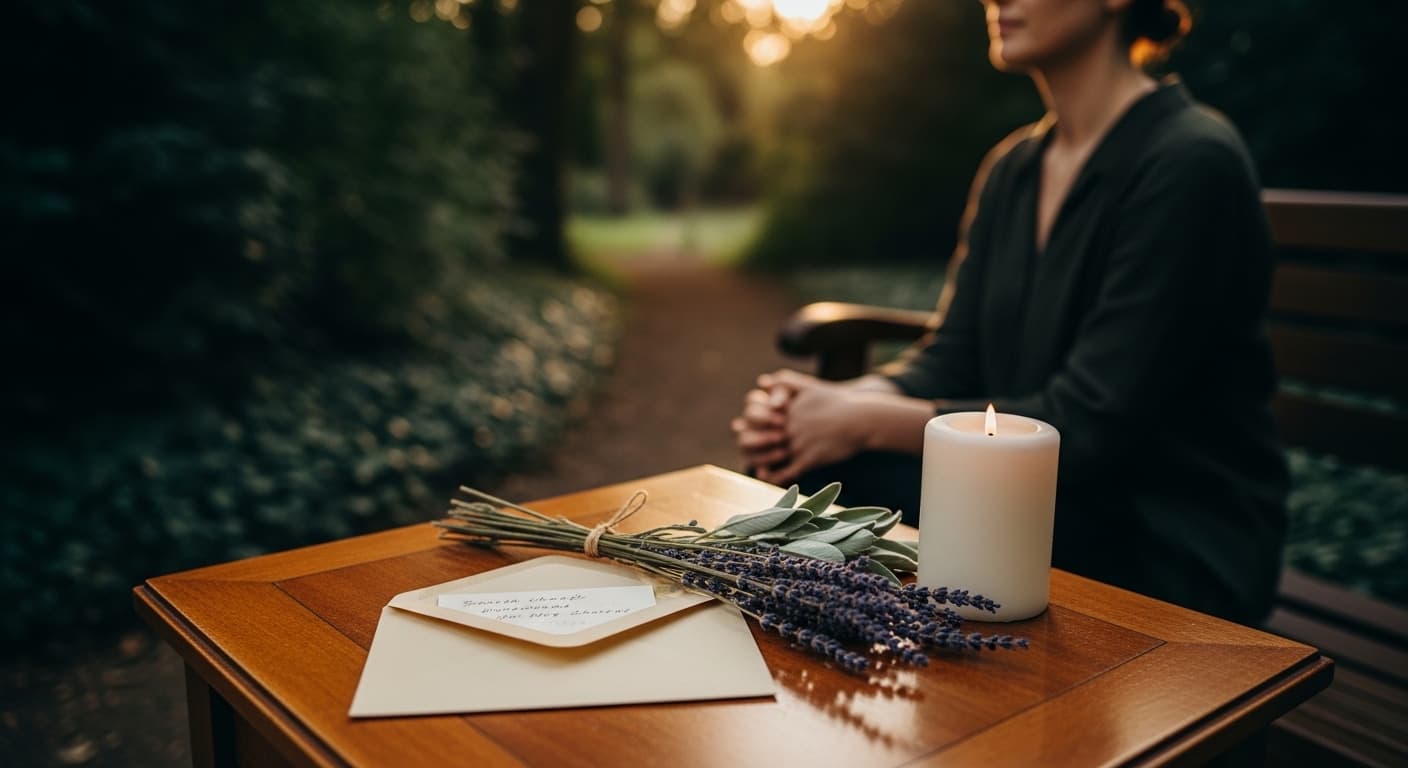A diverse group of people of various ages gathered outdoors in a serene park setting, sharing quiet moments and offering gentle support to one another. Soft, natural sunlight filters through trees, creating a warm and peaceful atmosphere. One person gently places a hand on another's shoulder, conveying empathy. The scene is contemplative and respectful, with no text or logos visible.