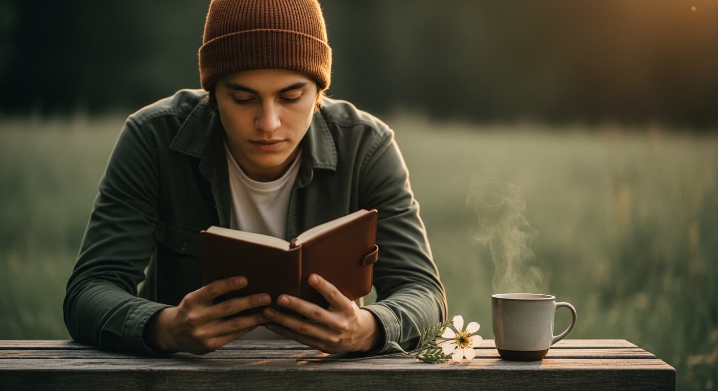 A serene, misty forest scene at dawn, with tall, ancient trees reaching towards the soft, diffused light. A gentle path winds through the trees, hinting at a journey forward.
