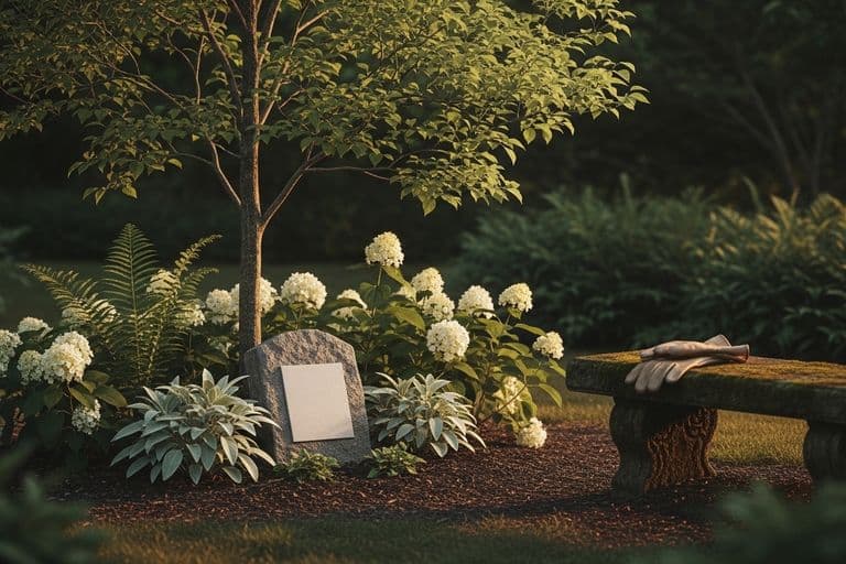 A peaceful garden corner with a stone pathway, bathed in warm golden-hour light.