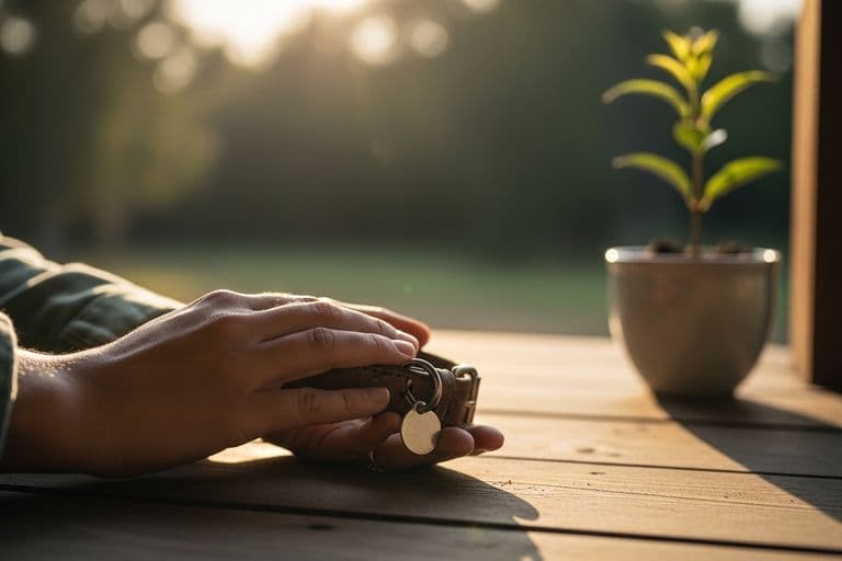A woman sitting peacefully in a sunlit room, gently holding a pet collar in remembrance