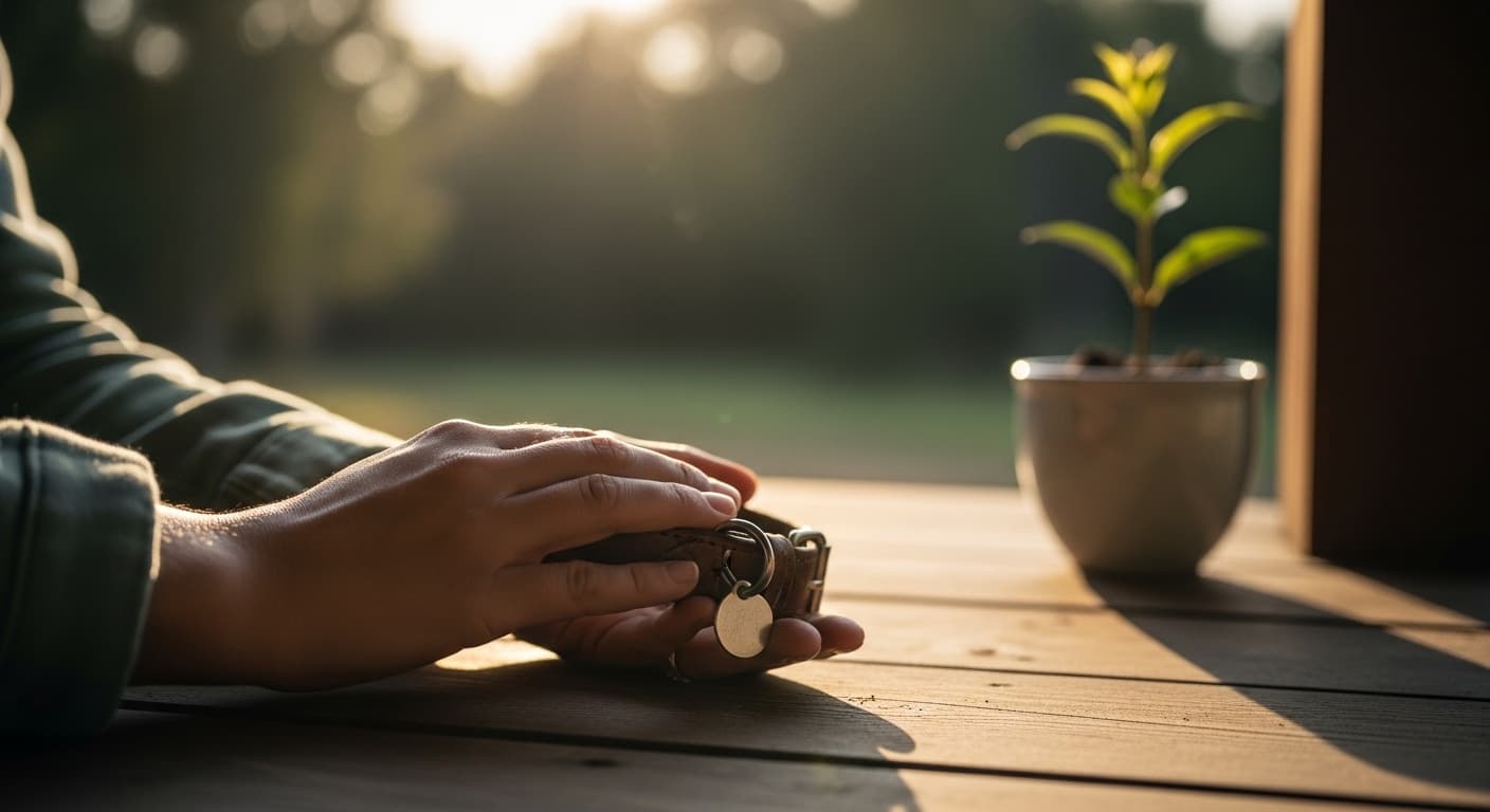 A woman sitting peacefully in a sunlit room, gently holding a pet collar in remembrance