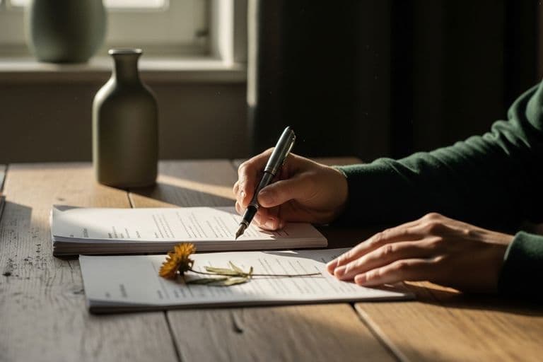 A person sitting at a quiet wooden dining table, thoughtfully reviewing organized paperwork in soft morning light