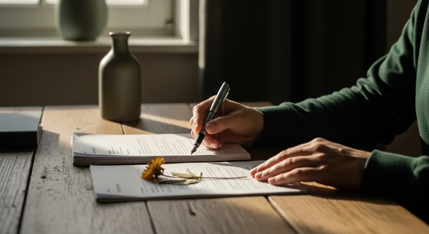 A person sitting at a quiet wooden dining table, thoughtfully reviewing organized paperwork in soft morning light