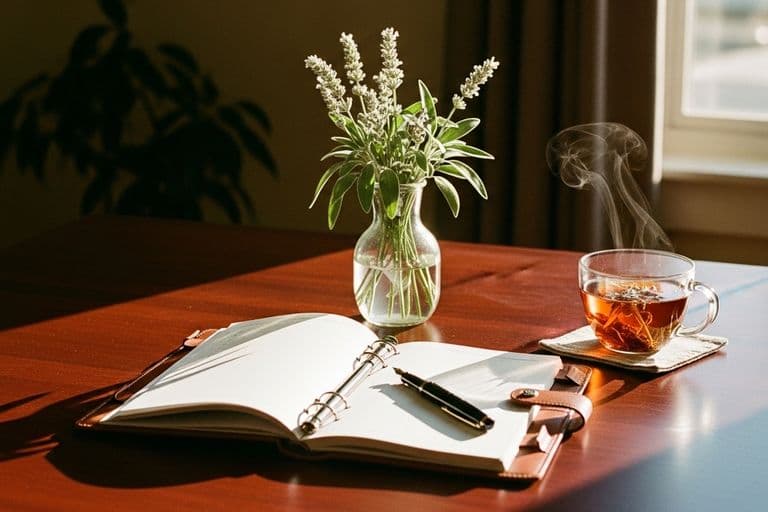 A peaceful, organized setting with a memorial planning binder and a comforting cup of tea
