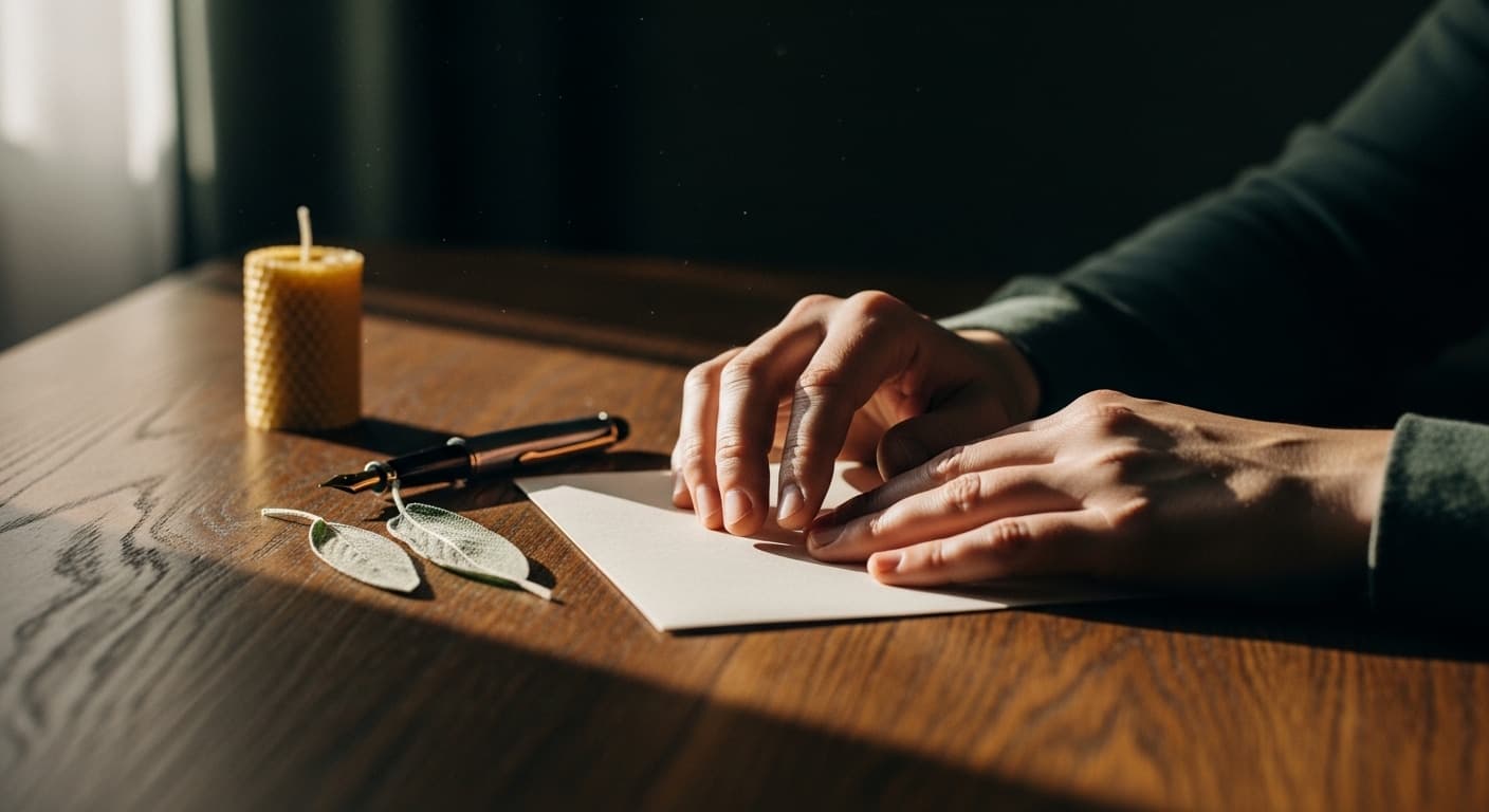A person sitting quietly at a wooden desk with sunlight streaming in, writing a note.