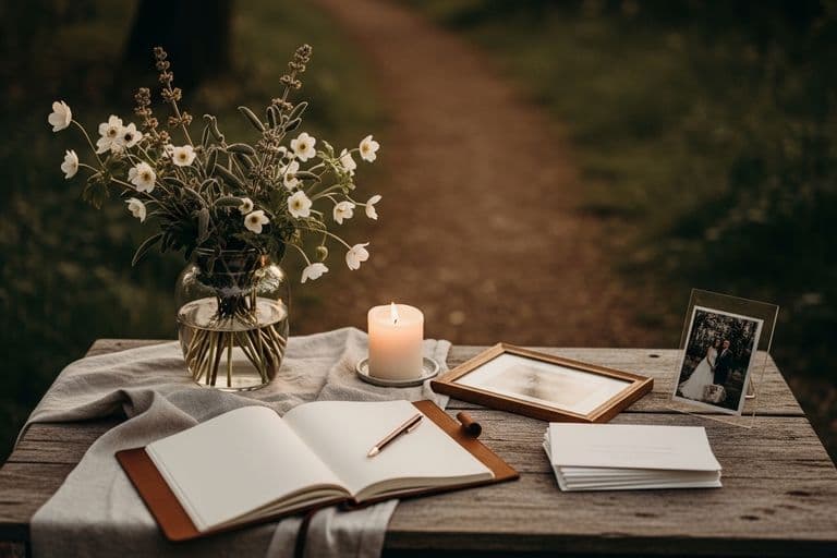 A peaceful outdoor memorial setup in a sunlit garden