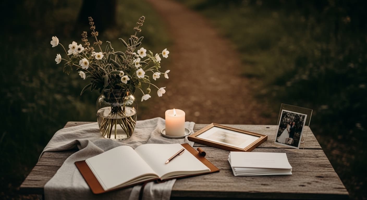A peaceful outdoor memorial setup in a sunlit garden