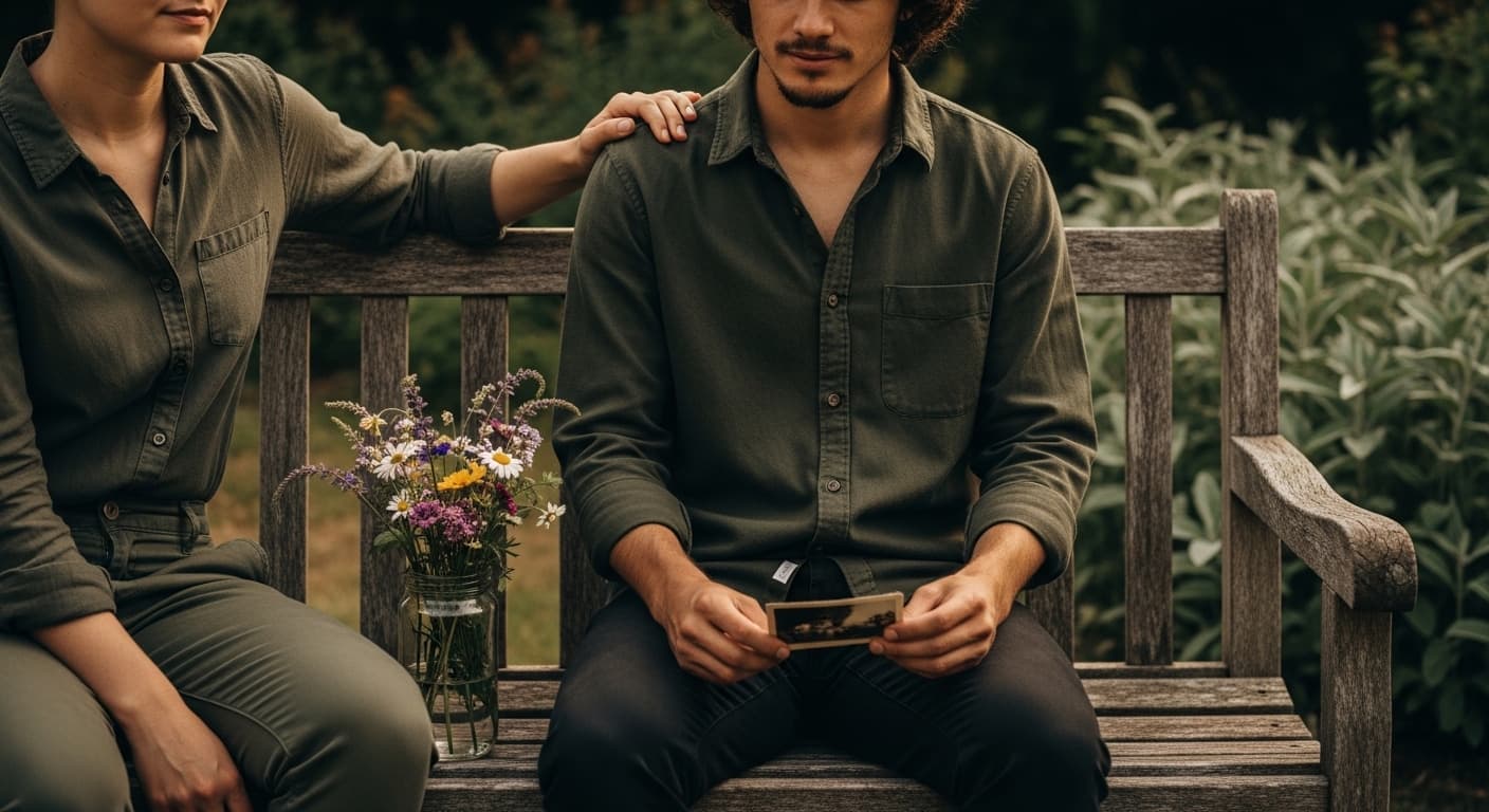 Two friends sitting quietly on a park bench, offering gentle support
