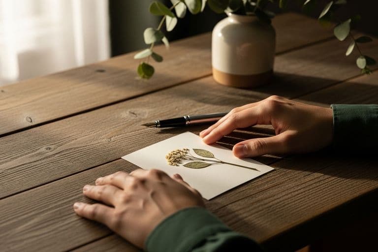 A person writing a heartfelt sympathy card at a wooden desk
