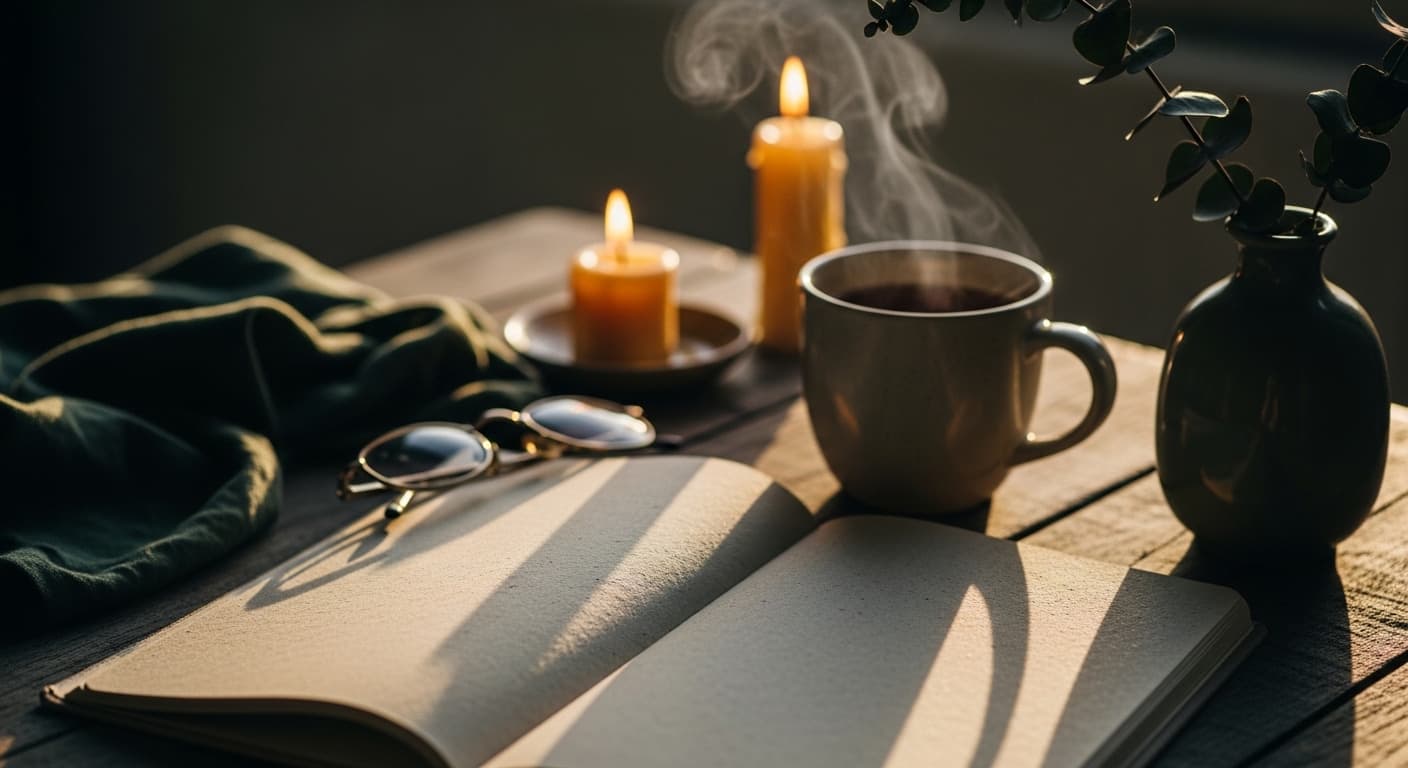 An open journal resting on a wooden table next to a cup of tea in soft natural light