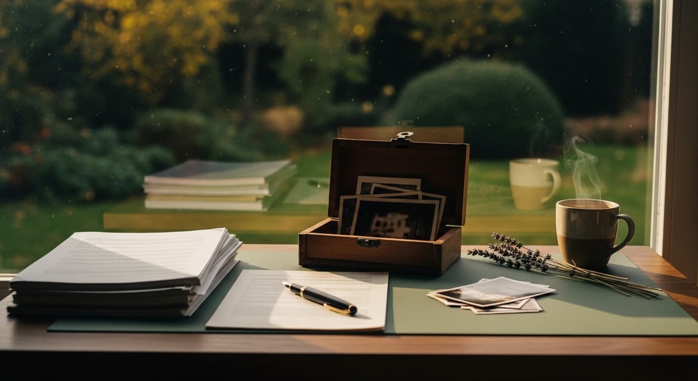A peaceful morning scene showing a neatly organized wooden desk with a warm cup of tea and a blank notebook, bathed in soft overcast natural light.
