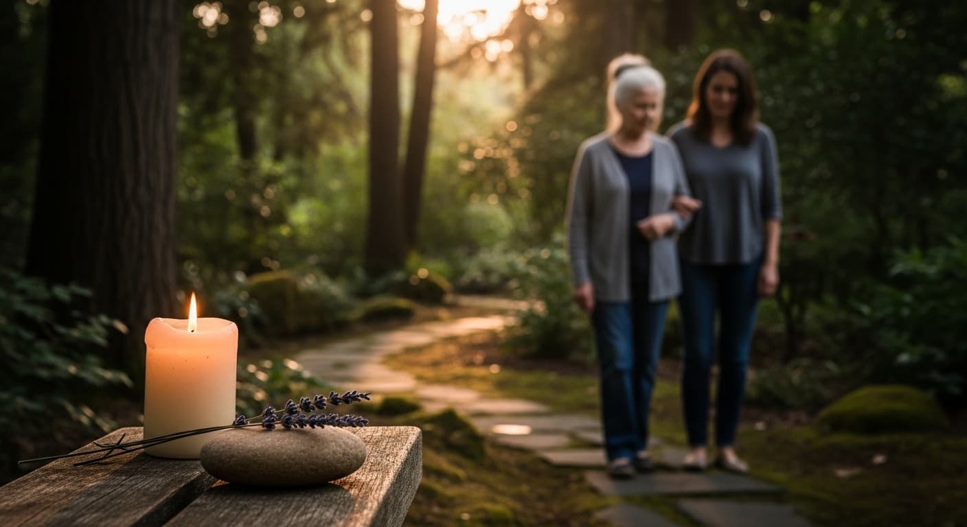 Two women walking peacefully in a quiet garden bathed in sunlight