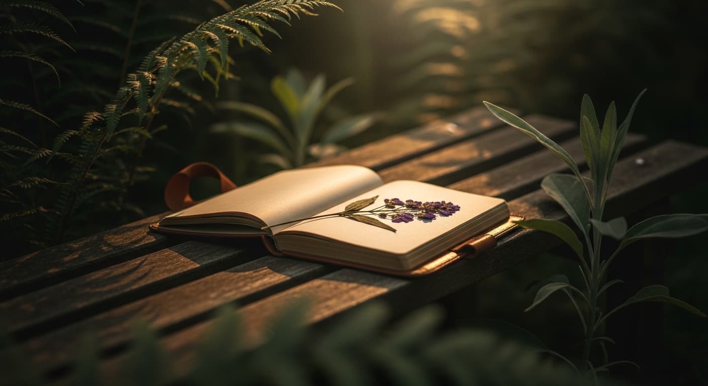 A peaceful garden bench surrounded by deep forest green foliage in the warm morning light