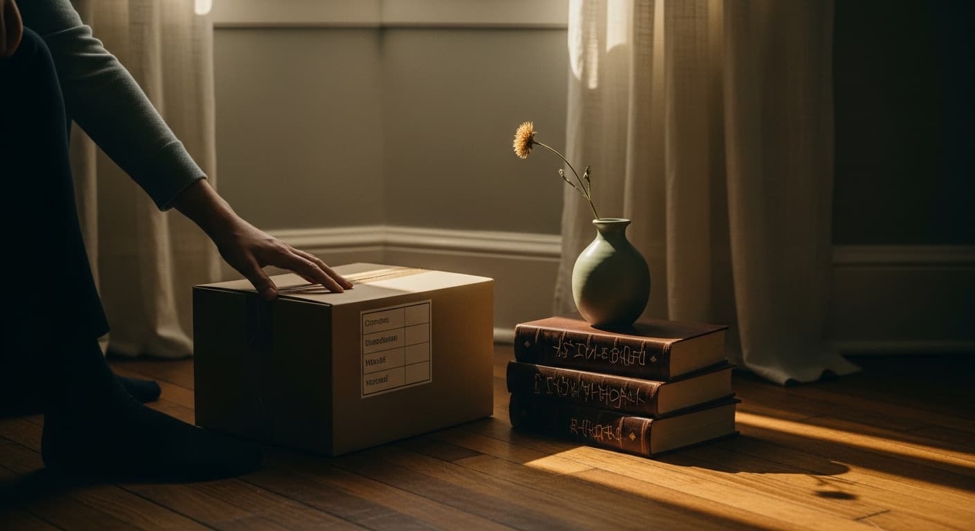 A peaceful, sunlit room with neatly packed cardboard boxes and a gentle plant by the window
