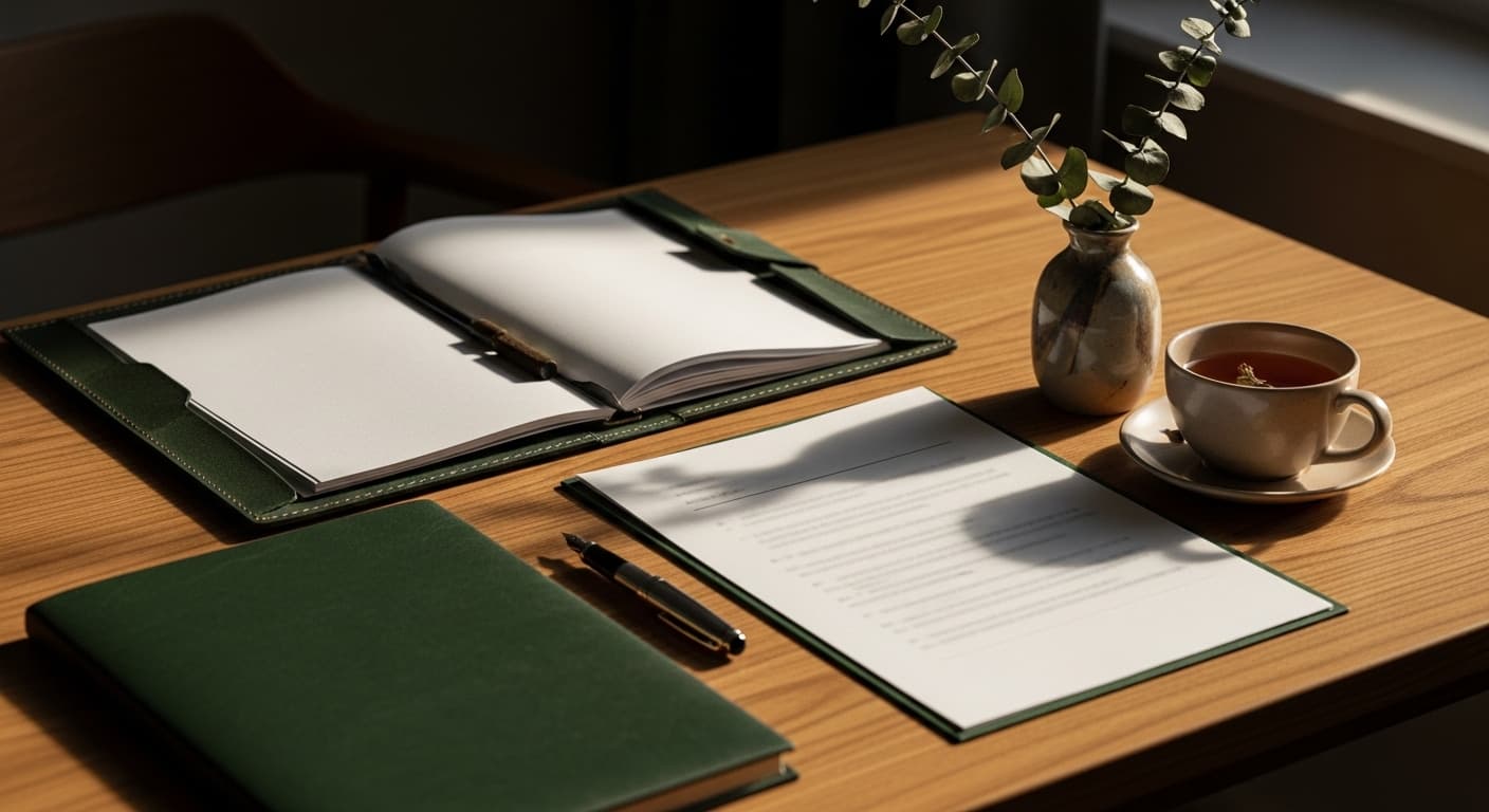 A peaceful home office desk with organized financial documents and a cup of tea in soft morning light