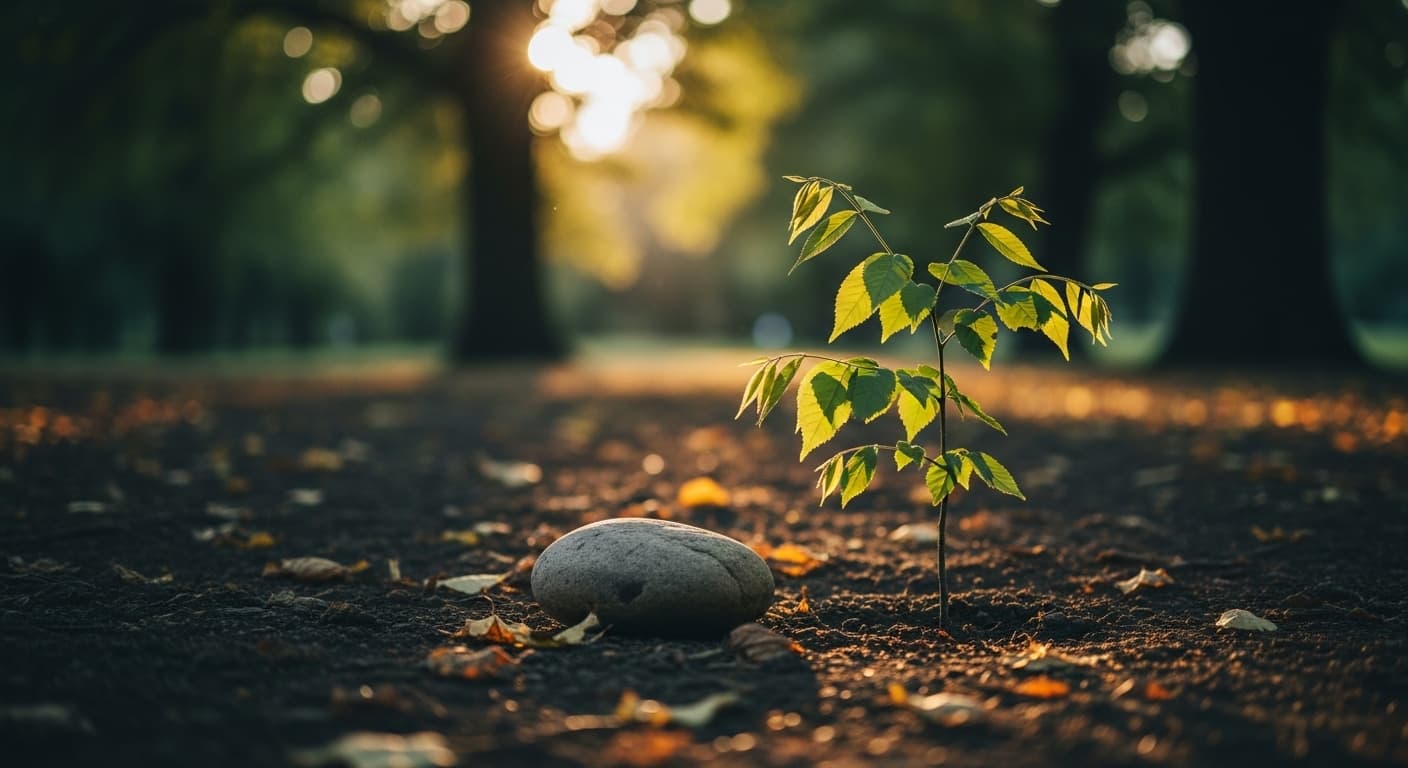 A peaceful garden scene with a newly planted memorial sapling bathed in warm morning light