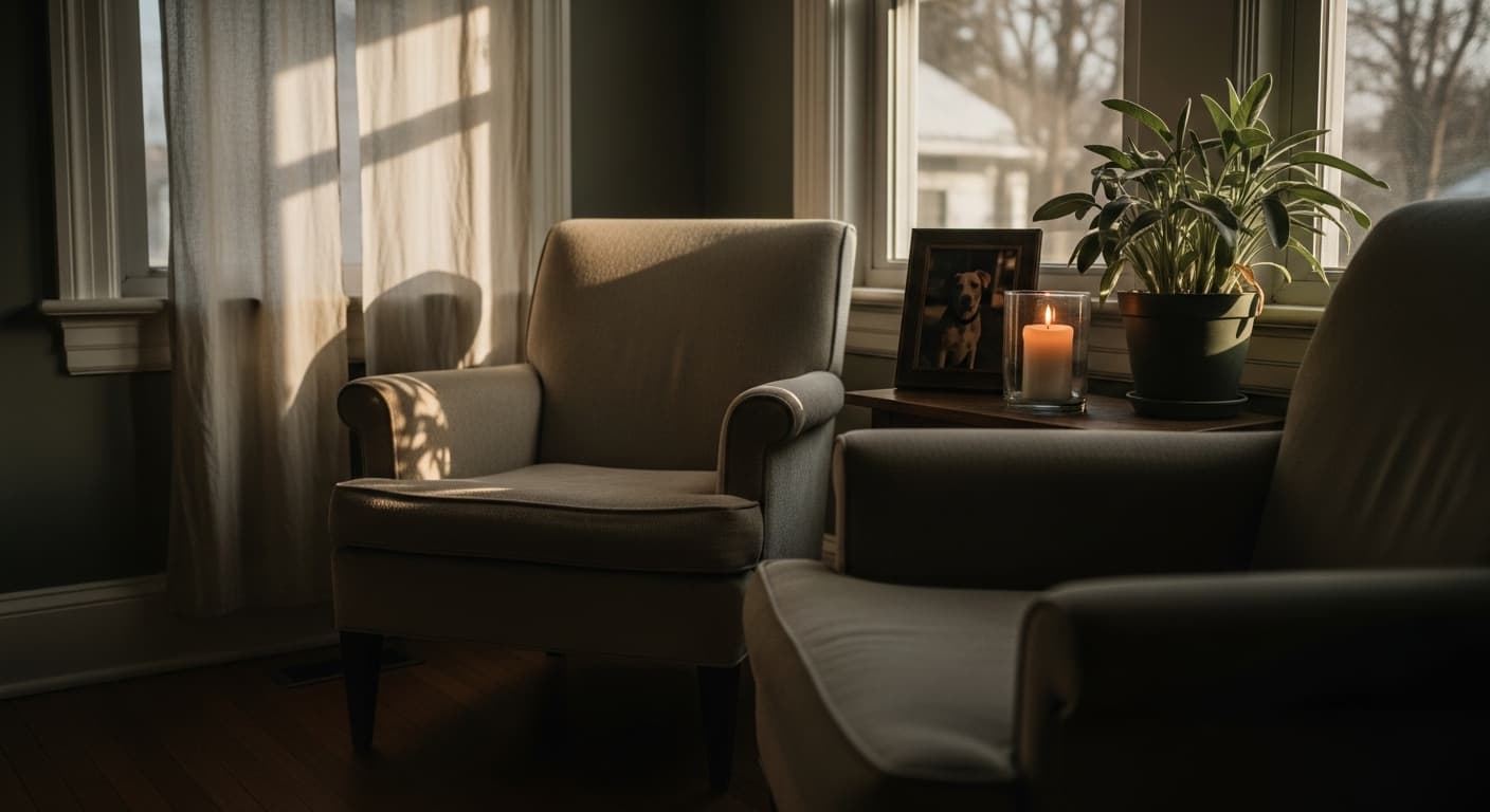 A peaceful window seat with soft natural light, featuring a framed photo of a dog and a gently glowing candle