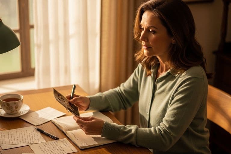 A woman thoughtfully writing a eulogy for her mother while holding a cherished family photograph in warm morning light.