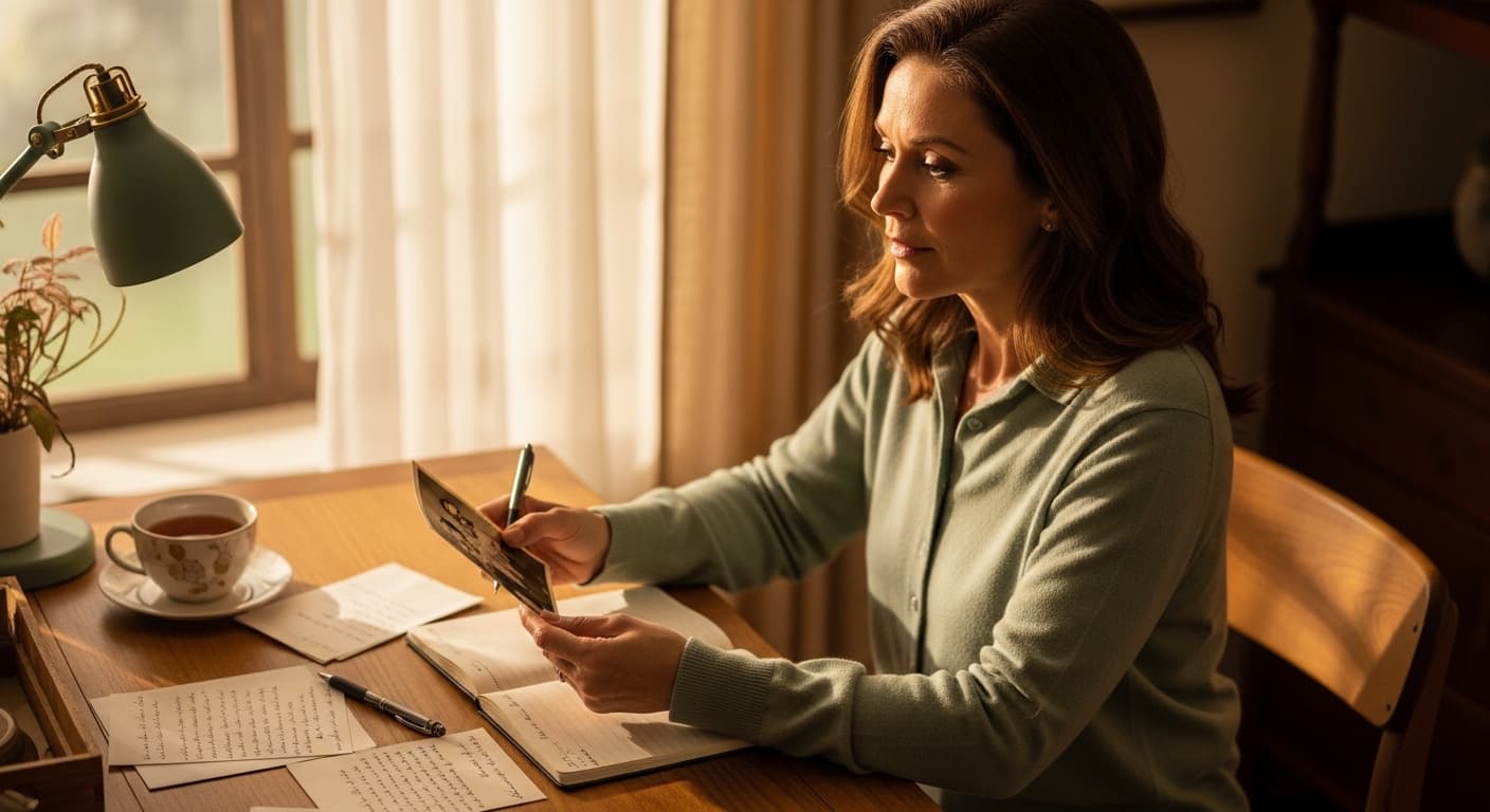 A woman thoughtfully writing a eulogy for her mother while holding a cherished family photograph in warm morning light.