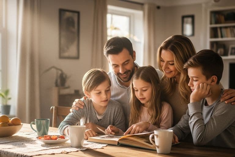 A family sitting together at a wooden table looking through a photo album in soft natural light