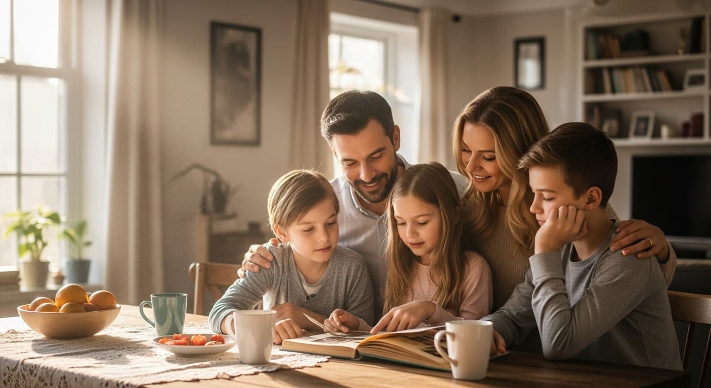 A family sitting together at a wooden table looking through a photo album in soft natural light