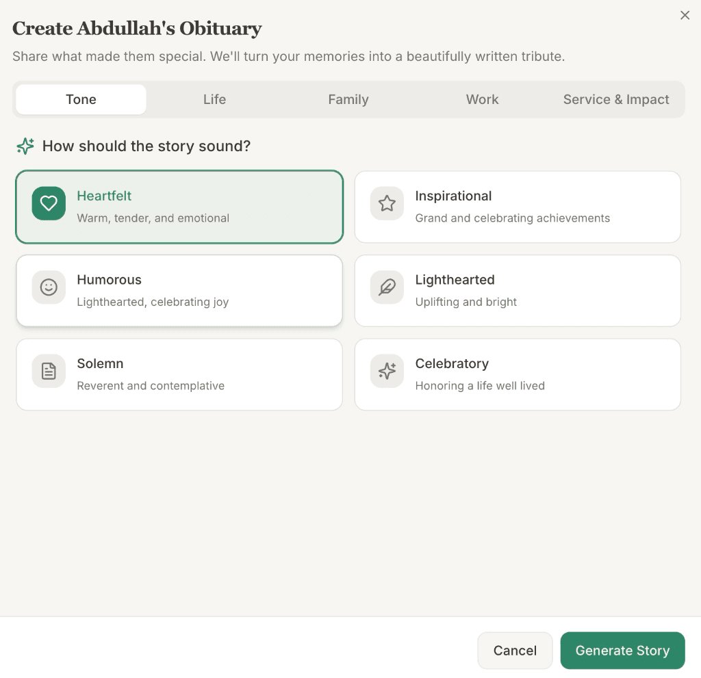 MemoriTree Online Obituary Builder Interface