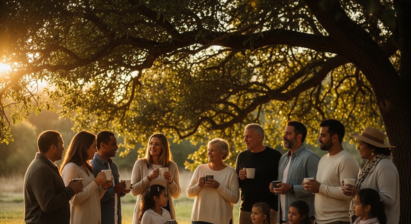 A diverse group of friends and family gathered outdoors under a large oak tree, smiling and sharing stories to celebrate a loved one's life.