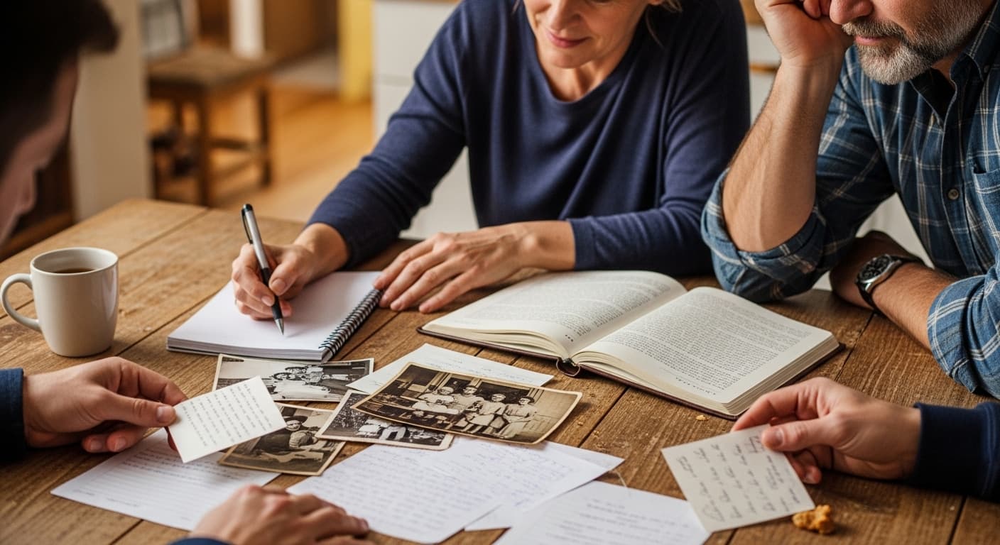 A family sitting together reviewing photographs and notes while writing an obituary