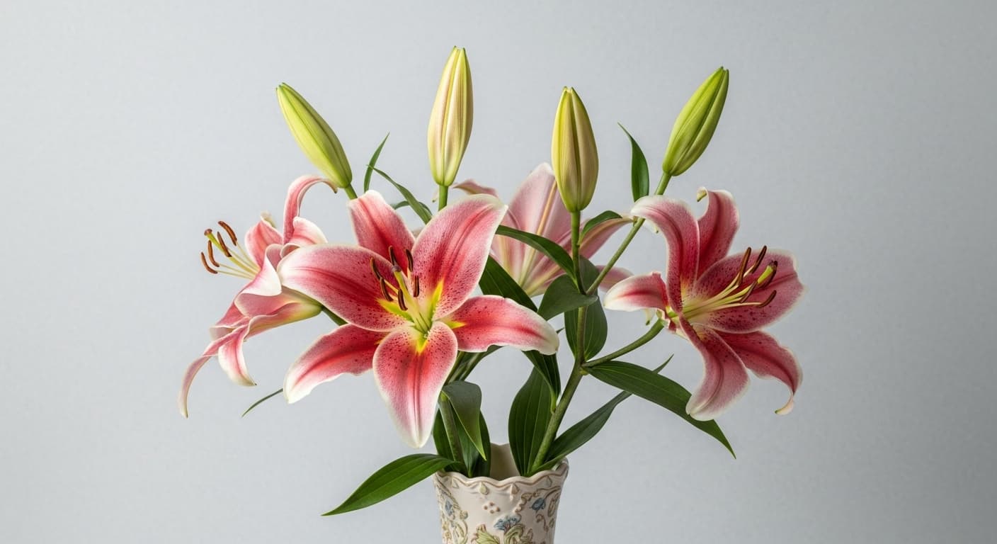 A peaceful arrangement of white lilies and green foliage in a vase, with soft, natural light illuminating the scene. The flowers are delicately arranged, conveying a sense of calm and respect.