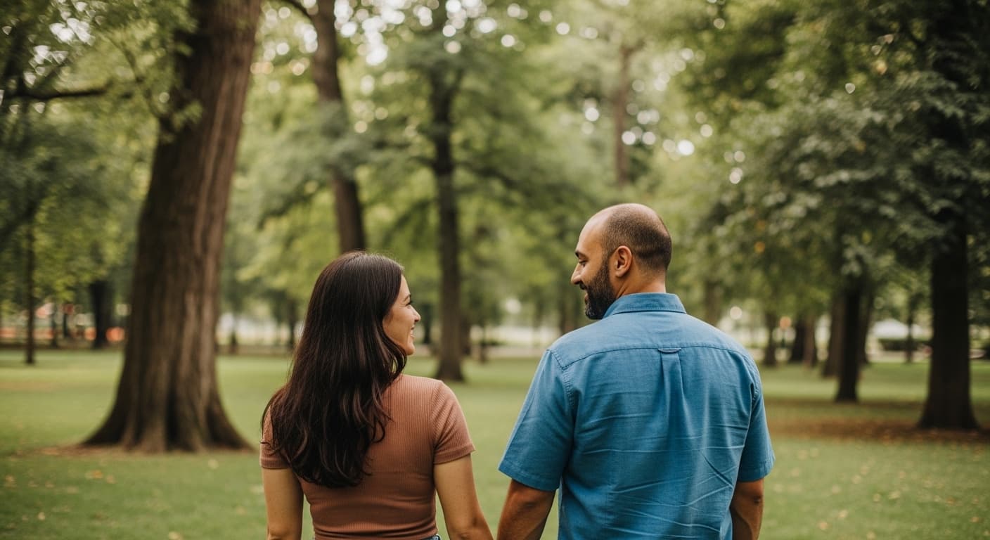 Two friends, one comforting the other with a gentle hand on their shoulder, sitting on a park bench under the soft light of a setting sun. The grieving friend is looking down, while the supportive friend offers a warm, empathetic gaze. Lush green trees and a blurred natural background create a serene atmosphere. Realistic, high-quality, editorial style photography with shallow depth of field. No text in the image.