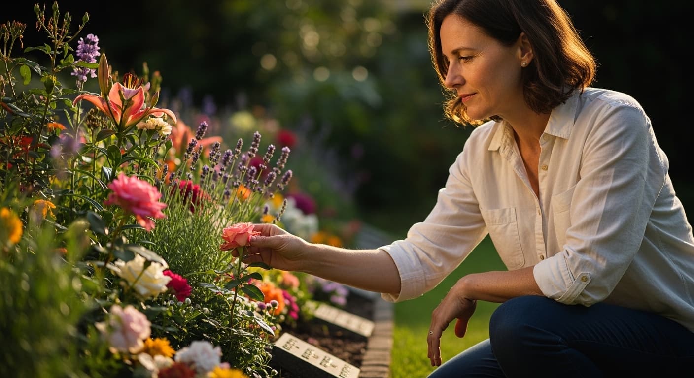 A woman with a gentle, contemplative expression tending to a vibrant memorial garden, with various flowers and a small memorial stone visible. Soft, warm sunlight filters through trees in the background.