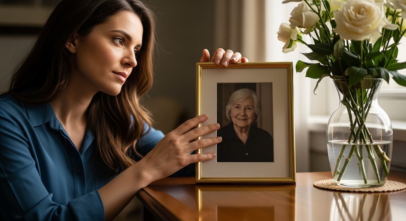 A woman gently touching a framed photograph of her mother, with soft, natural light filtering through a window, creating a peaceful and contemplative atmosphere. A vase with fresh flowers is nearby.
