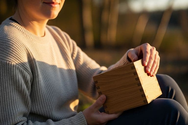 A woman sitting on a sunlit porch, looking through a photo album with a gentle, reflective smile surrounded by warm string lights and potted plants.