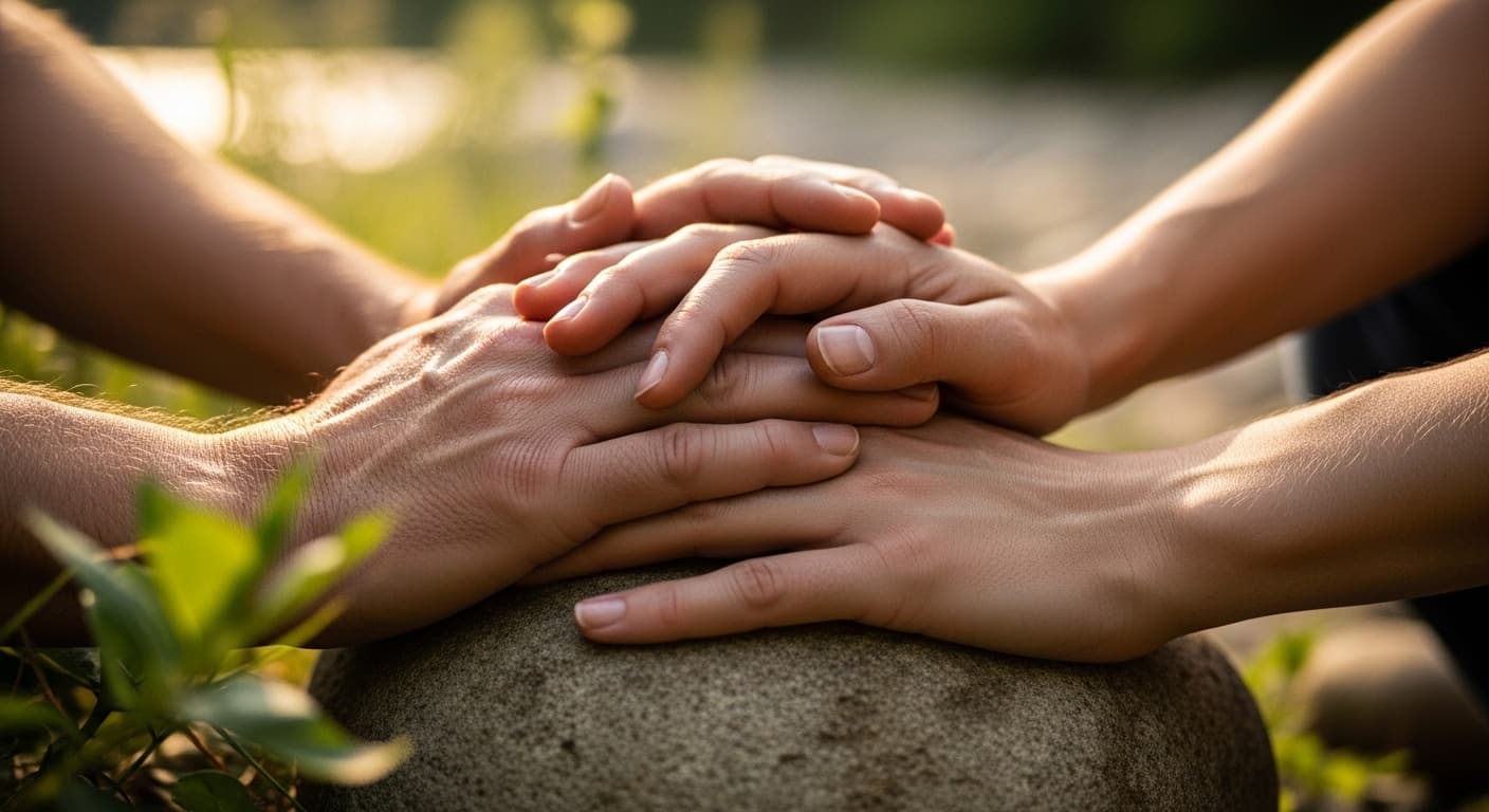 A compassionate hand gently resting on another hand, which holds a small, blurred, framed photograph. The scene is set in a softly lit, peaceful home interior, with warm, muted tones and shallow depth of field. The focus is on the hands and the photograph, conveying comfort and remembrance. No text in the image.