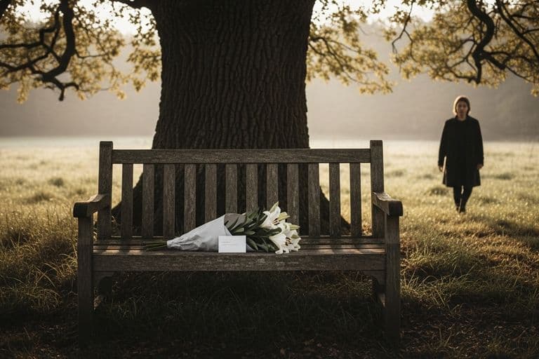 A diverse group of people of various ages gathered outdoors in a serene park setting, sharing quiet moments and offering gentle support to one another. Soft, natural sunlight filters through trees, creating a warm and peaceful atmosphere. One person gently places a hand on another's shoulder, conveying empathy. The scene is contemplative and respectful, with no text or logos visible.