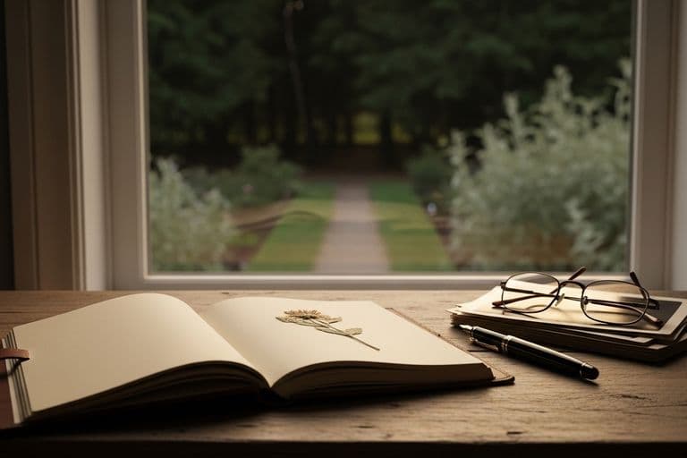A serene, sun-dappled forest clearing with a single, ancient oak tree at its center. Soft, golden light filters through the leaves, illuminating a small, weathered wooden bench placed respectfully before the tree. The ground is covered in a soft carpet of moss and fallen leaves.
