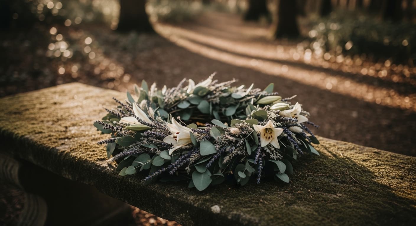 A serene scene of a gentle stream flowing through a quiet forest, with soft morning light filtering through the trees, illuminating a few delicate white flowers on the mossy bank.