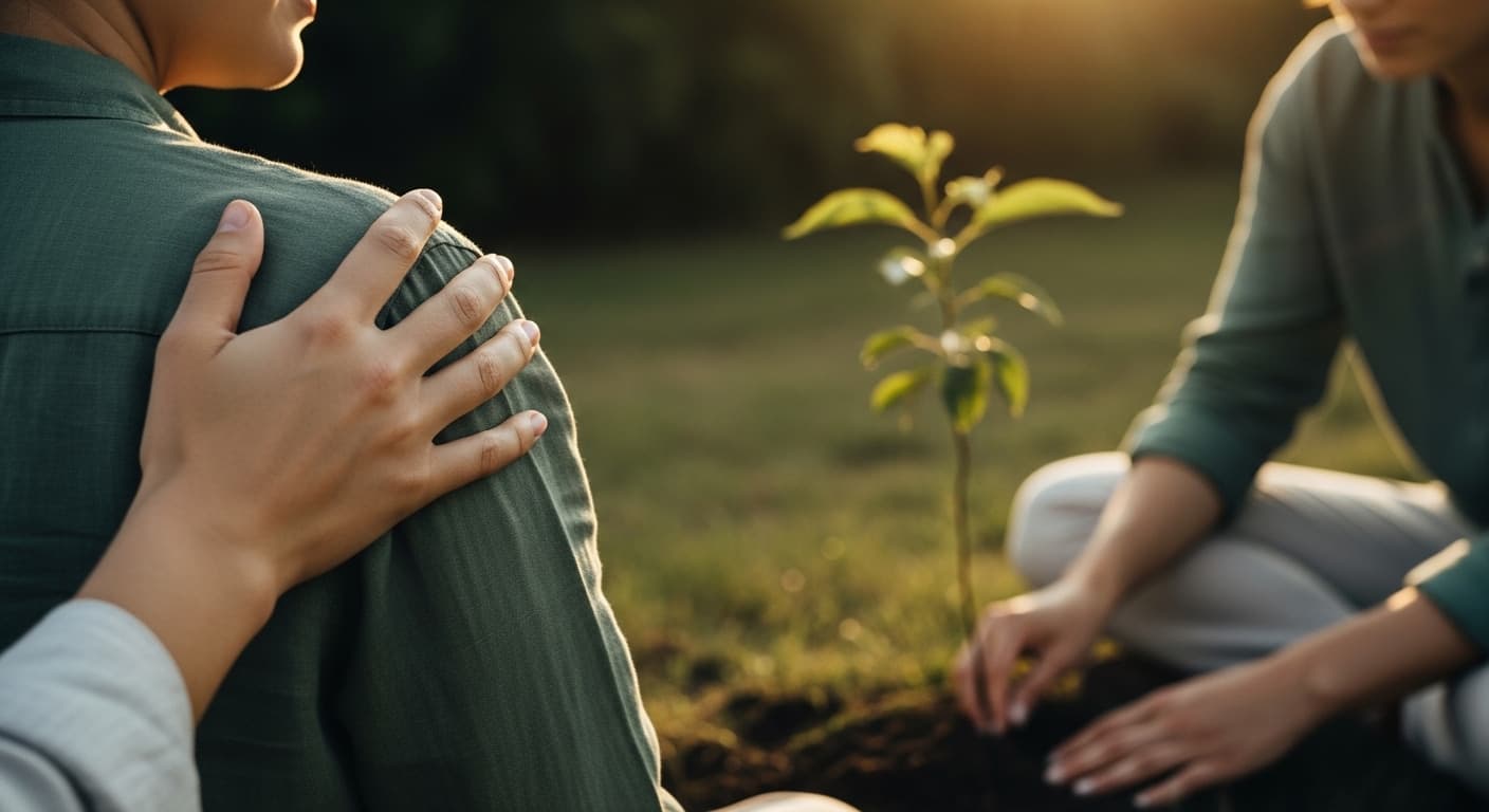 A peaceful garden bench surrounded by soft morning light and green foliage