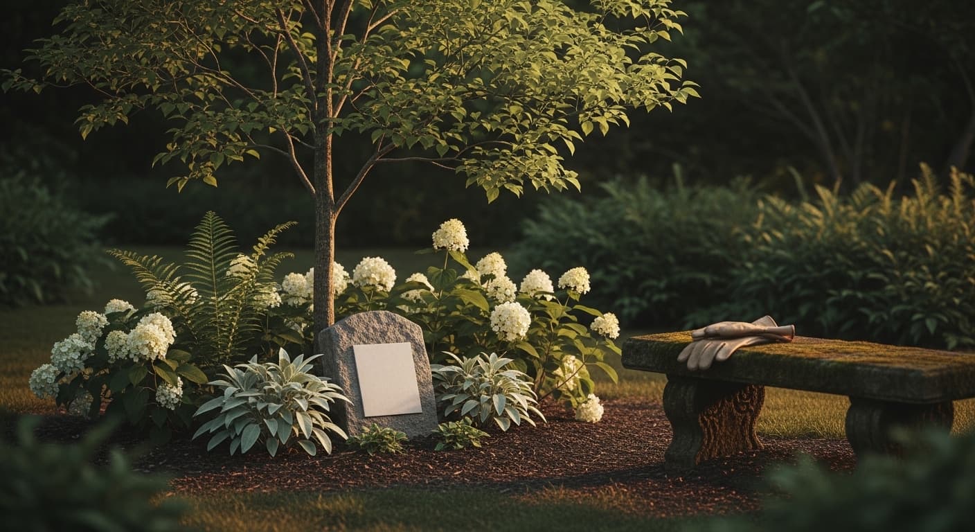 A peaceful garden corner with a stone pathway, bathed in warm golden-hour light.