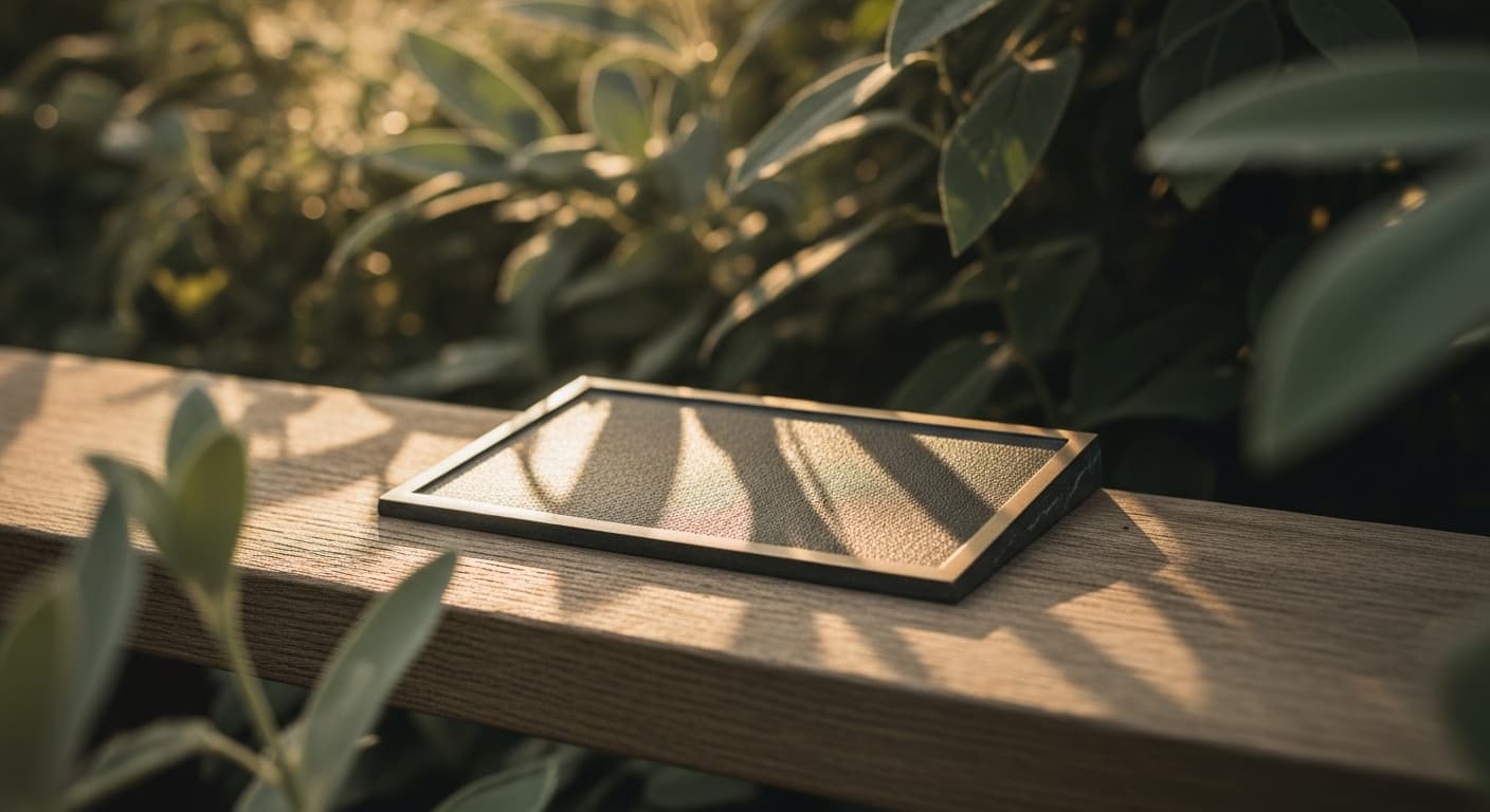 A peaceful memorial bench in a lush green garden setting with soft morning light