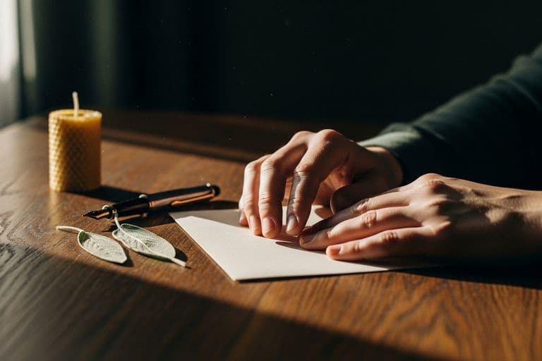 A person sitting quietly at a wooden desk with sunlight streaming in, writing a note.