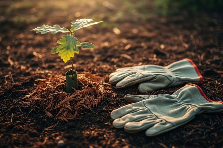 A peaceful morning view of a young sapling being planted in a lush green garden