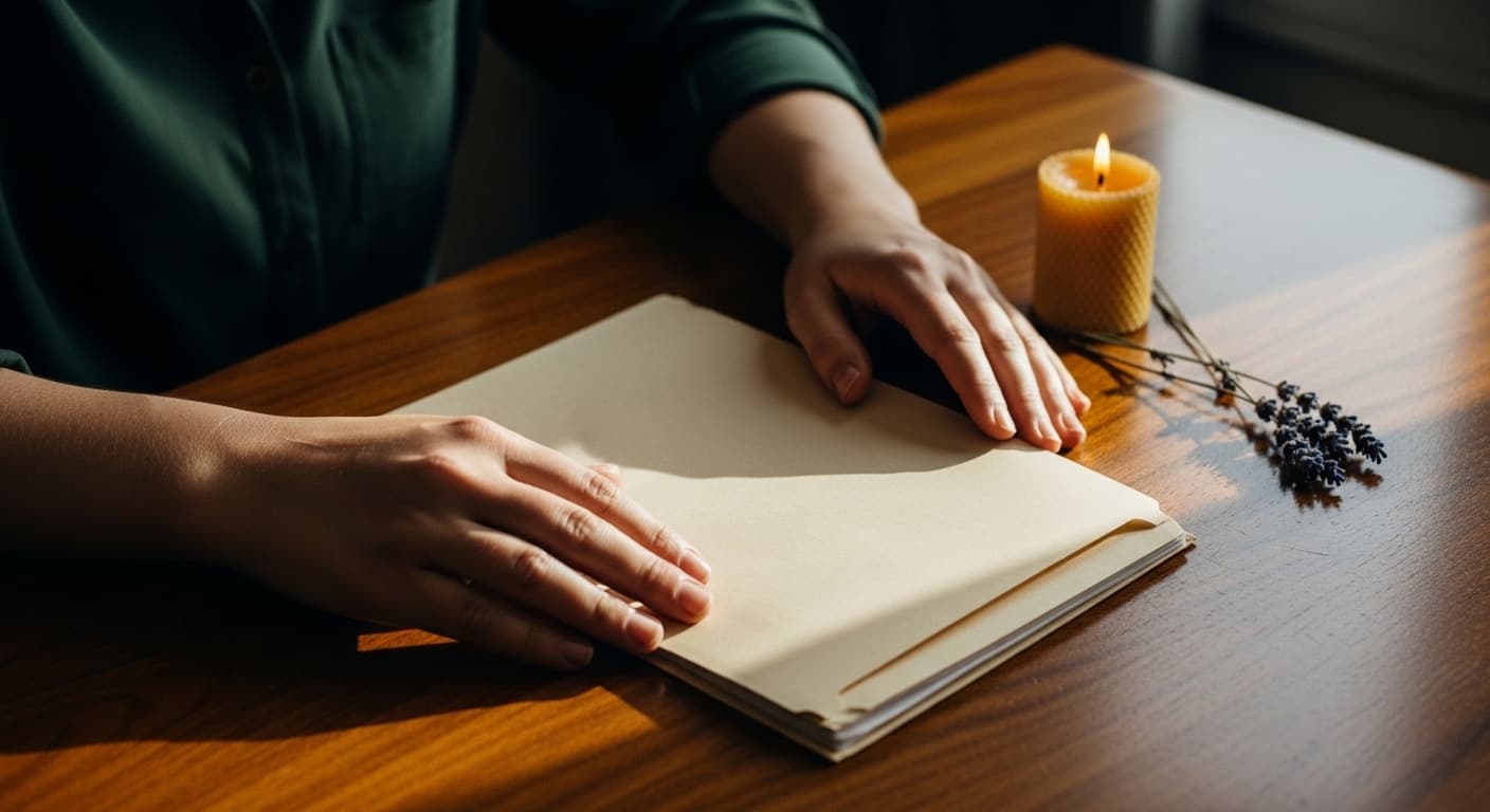A person sitting quietly on a porch holding a warm mug of tea, looking out at a peaceful garden in soft morning light