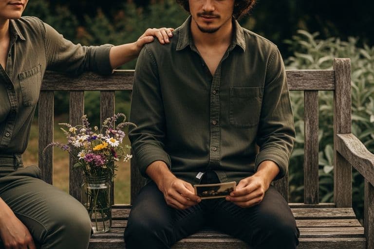 Two friends sitting quietly on a park bench, offering gentle support