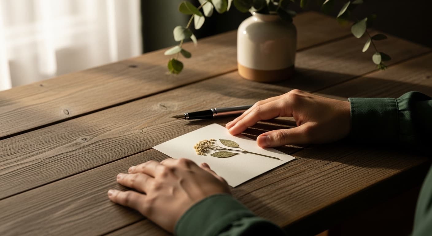 A person writing a heartfelt sympathy card at a wooden desk