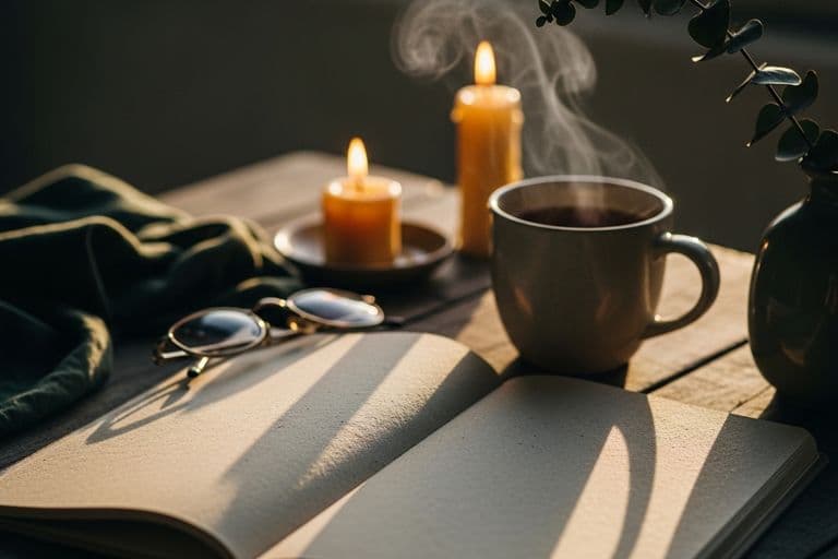An open journal resting on a wooden table next to a cup of tea in soft natural light