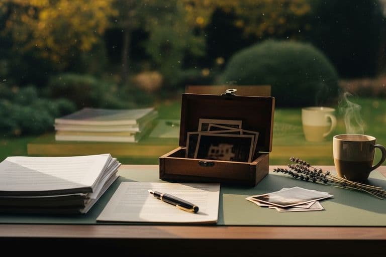 A peaceful morning scene showing a neatly organized wooden desk with a warm cup of tea and a blank notebook, bathed in soft overcast natural light.