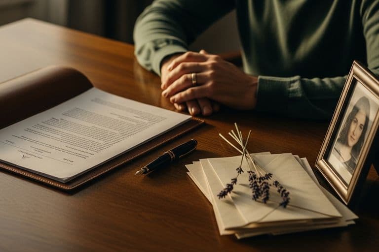 A neatly organized desk with a leather portfolio, a warm cup of tea, and soft natural light.